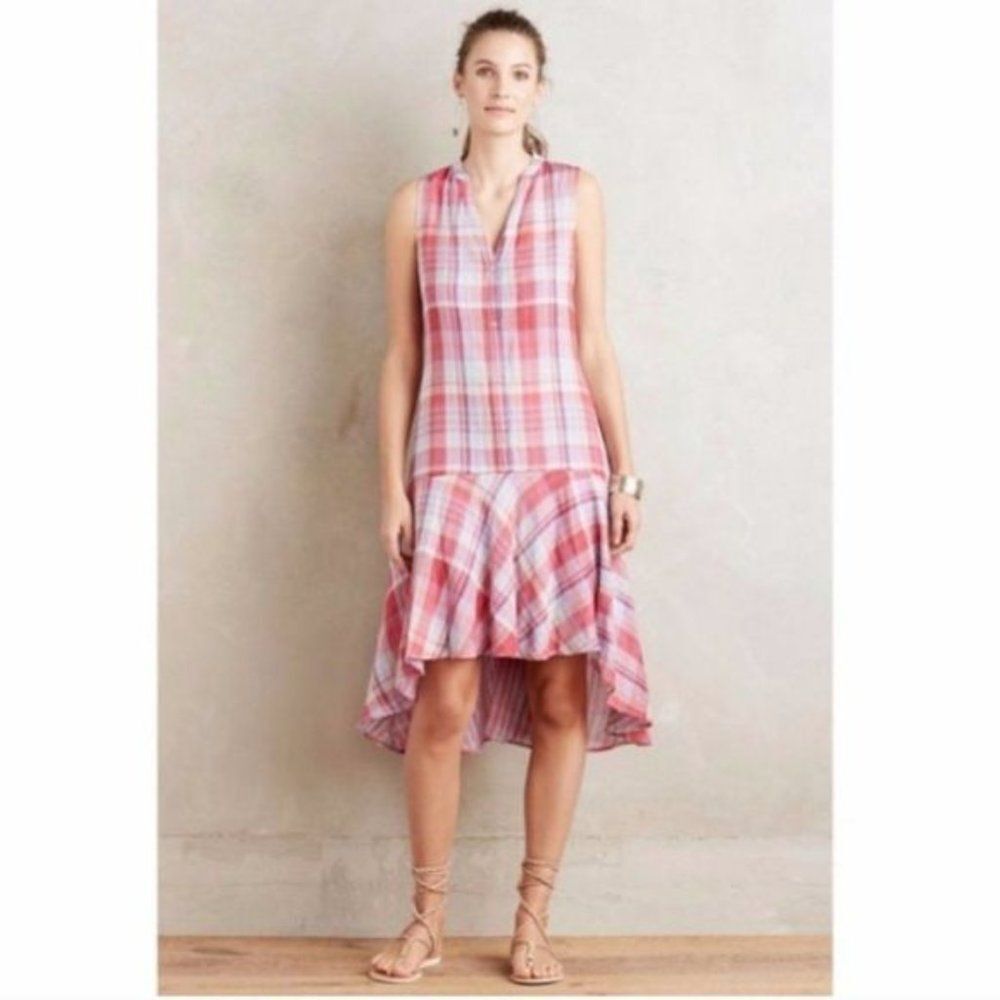 Anthropologie Maeve Pink Pippa Plaid High Low Tunic Swing Shirt Dress Size XSP